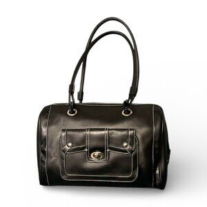 Vintage Black Leather Shoulder Bag with White Stitching & Toggle Pocket